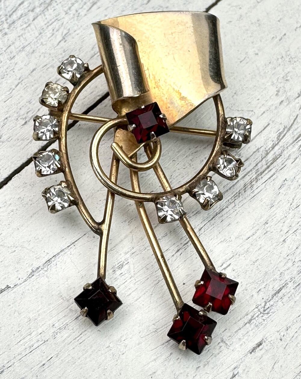 Gold Filled P&F 1/20 12KT GF Signed Red & White Rhinestone Brooch Pin Pendant
